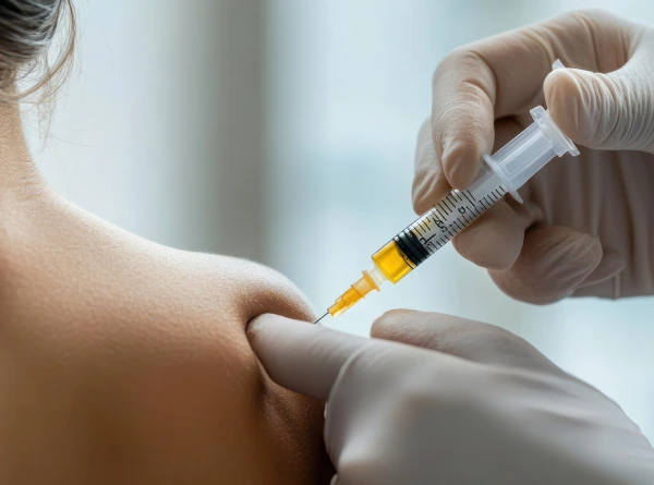 Ein Arzt injiziert mit Handschuhen Hyaluronspritze in die Schulter eines Patienten und konzentriert sich dabei auf die Nadel und die Haut zur Behandlung von Schulterschmerzen.