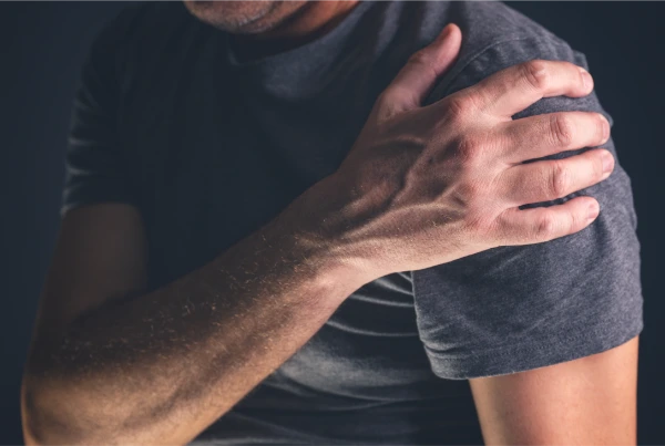 Person im dunklen T-Shirt hält schmerzhaft ihre linke Schulter mit der rechten Hand, vor dunklem Hintergrund.